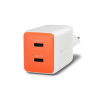 A white and orange Hyper USB-C wall charger with two USB-C ports, shown on a clean white background.