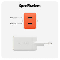 Specifications graphic showing an orange and white Hyper-branded 45W USB-C charger from two angles, with labels pointing to the port specifications.