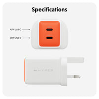Specifications graphic showing a white Hyper power adapter with an orange side panel and two USB-C ports, labeled 45W USB-C, on a light gray background.