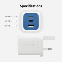 Hyper power adapter specifications graphic showing a white wall charger with a blue front panel labeled USB-C and USB-A ports, plus text indicating 65W USB-C, 65W USB-C, and 30W USB-A.