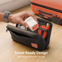 travel charging plug in orange in a travel bag