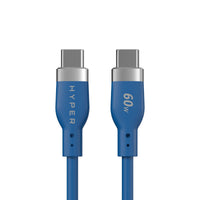 A blue USB-C to USB-C charging cable with metallic silver connectors, featuring the brand name 'HYPER' and '60W' printed on the blue protective sleeves, set against a plain white background.