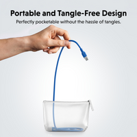 A hand holds a blue USB cable above a clear zip pouch, demonstrating how the cable fits inside the pouch. Text at the top reads 'Portable and Tangle-Free Design' with a subtitle about perfect pocketability without tangles.