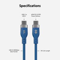 A specifications graphic for a blue USB-C to USB-C cable, showing close-up views of both connector ends with labels for 60W PD 3.0 power delivery, USB 2.