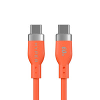 An orange USB-C charging cable with two USB-C Type-C connectors, featuring silver metal contacts and orange protective sleeves with 'HYPER' and '60W' printed on them, set against a plain white background.