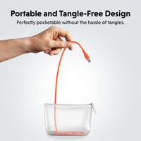 An orange portable charging cable is shown being held by a hand and draped over a clear zip pouch, with text at the top reading 'Portable and Tangle-Free Design' and a subtitle about pocketability without tangles.