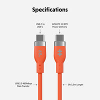 Specifications diagram for a USB-C to USB-C cable showing connector details, 60W PD 3.0 power delivery, USB 2.