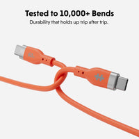 An orange USB-C to USB-C cable shown on a light gray background with promotional text at the top reading 'Tested to 10,000+ Bends' and 'Durability that holds up trip after trip.'.