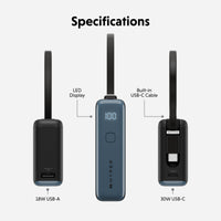Specifications diagram for a portable power bank showing front and back views with labels for LED display, built-in USB-C cable, 18W USB-A output, and 30W USB-C input on a light gray background.
