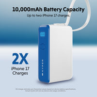 A white and blue portable power bank with a carrying strap, shown on a blue gradient background with promotional text stating 10,000mAh battery capacity and 2X iPhone 17 charges.