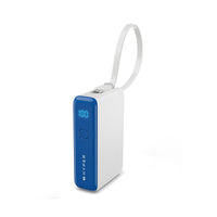 A white and blue portable power bank with a white wrist strap, featuring a digital display showing 100% battery level and the brand name HYPER printed vertically on the front.
