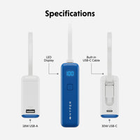 Specifications diagram showing a blue and white portable power bank from three angles, labeled with features such as LED display, built-in USB-C cable, 18W USB-A, and 30W USB-C on a light gray background.