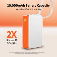 A white and orange portable power bank with a carrying loop, shown with promotional text stating 10,000mAh battery capacity and up to two iPhone 17 charges, plus '2X iPhone 17 Charges' on a peach-to-white gradient background.