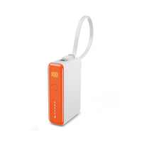 A white and orange portable power bank with a wrist strap, featuring a digital display showing 100% battery level and the brand name 'HYPER' printed vertically on the front.